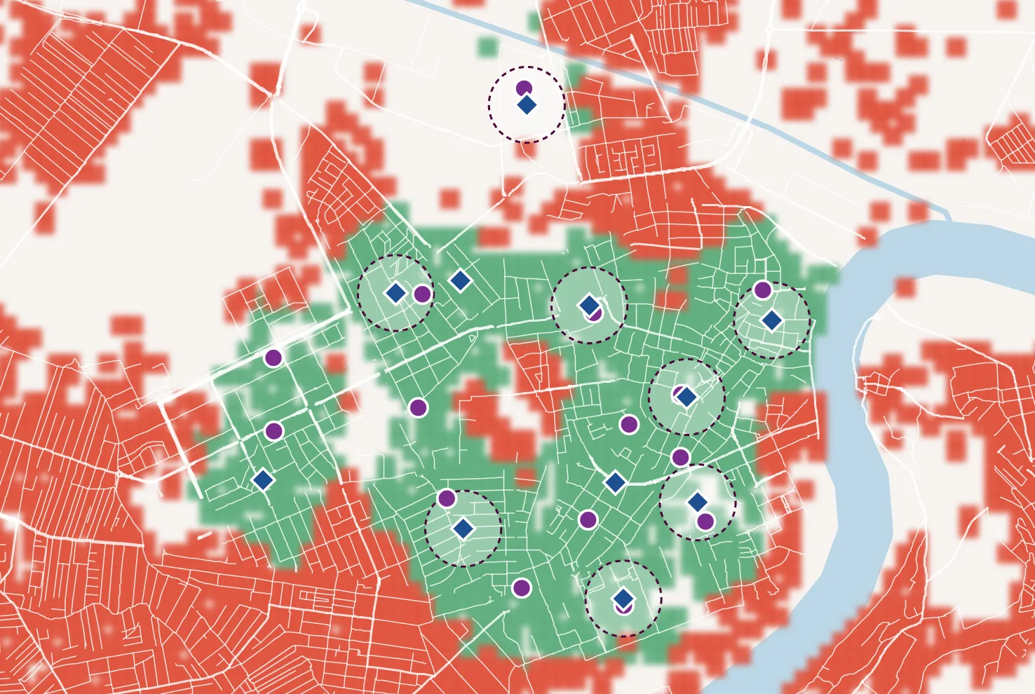 Close-up of central Novi Sad with DM and Lilly stores. Dashed circles show 300 m around each DM store that has a Lilly inside.
