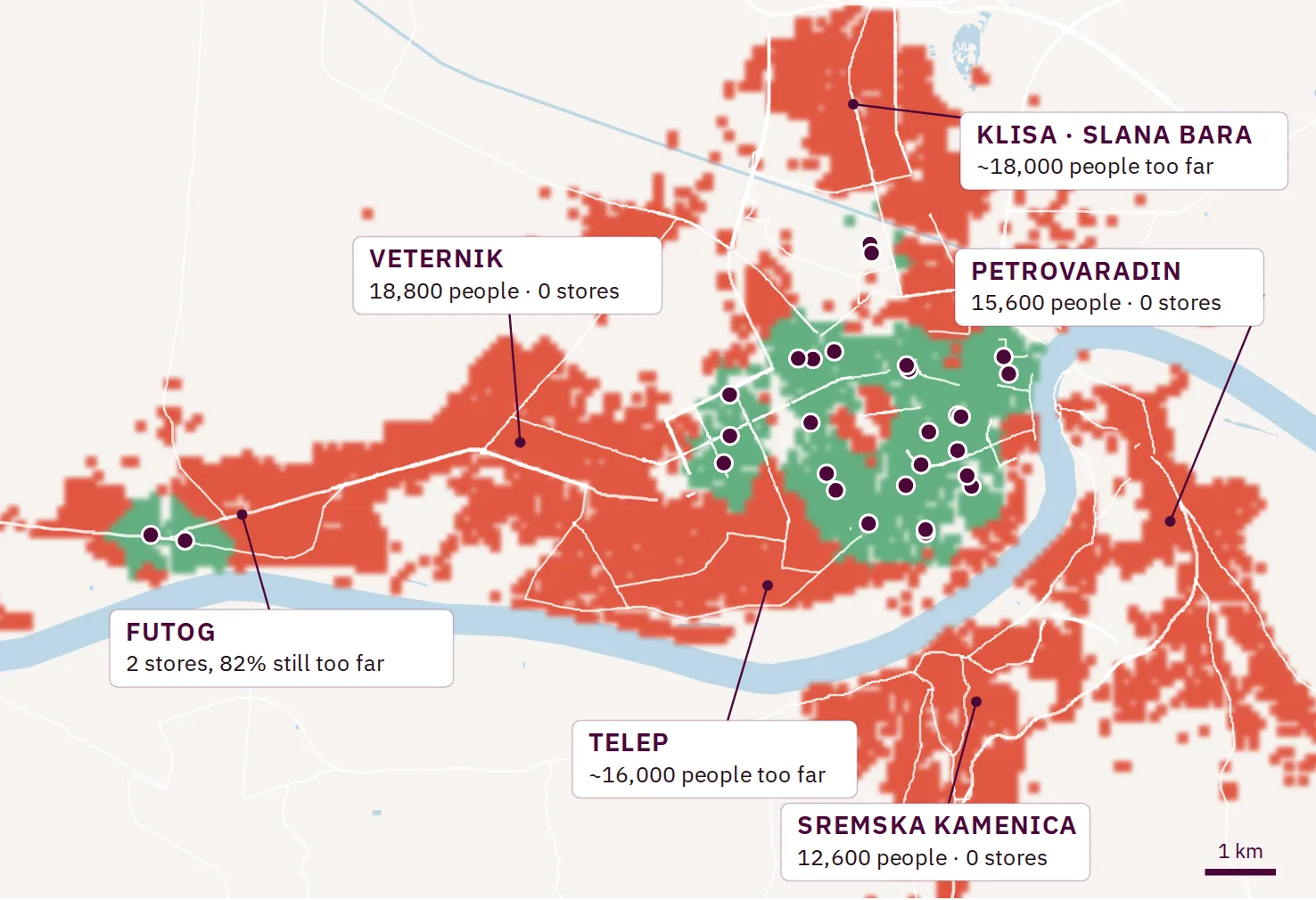 Map of Novi Sad. The centre is green, within a 10-minute walk of a drugstore. Veternik, Telep, Klisa, Petrovaradin and Sremska Kamenica are red, more than 10 minutes away.